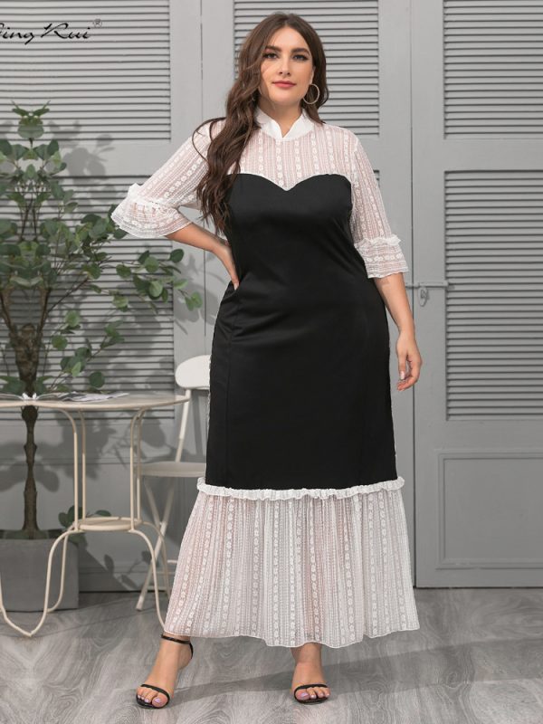 Plus Size Stand Collar Lace Stitching Loose Mature Elegant Color Block Crochet Lace Dress in Crochet Lace Dress