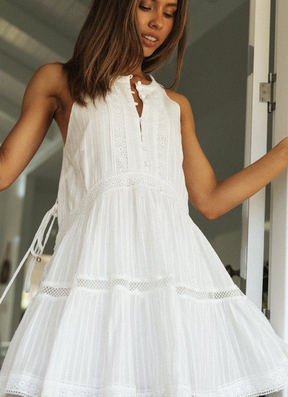 Lace Patchwork Stand-up Collar Buttons Big Bohemian White Beach Dress - Bohemian White Beach Dress - Uniqistic.com
