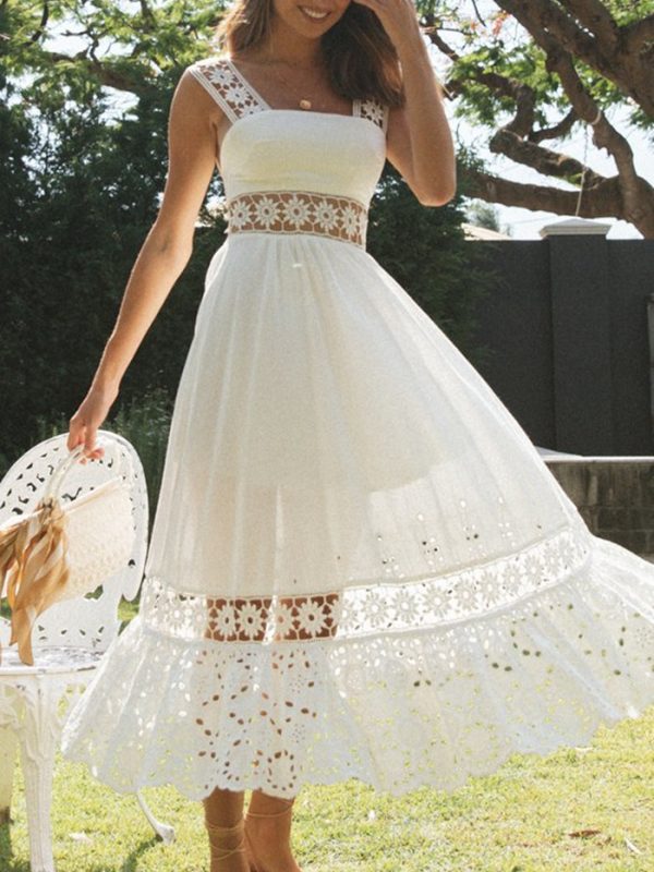 Long  Lace Stitching Big Swing Bohemian White Beach Dress - Bohemian White Beach Dress - Uniqistic.com