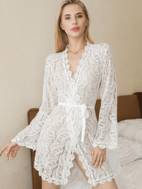 Cover Up Sexy Vacation Lace Long Sleeve V-neck Bohemian White Beach Dress - Bohemian White Beach Dress - Uniqistic.com