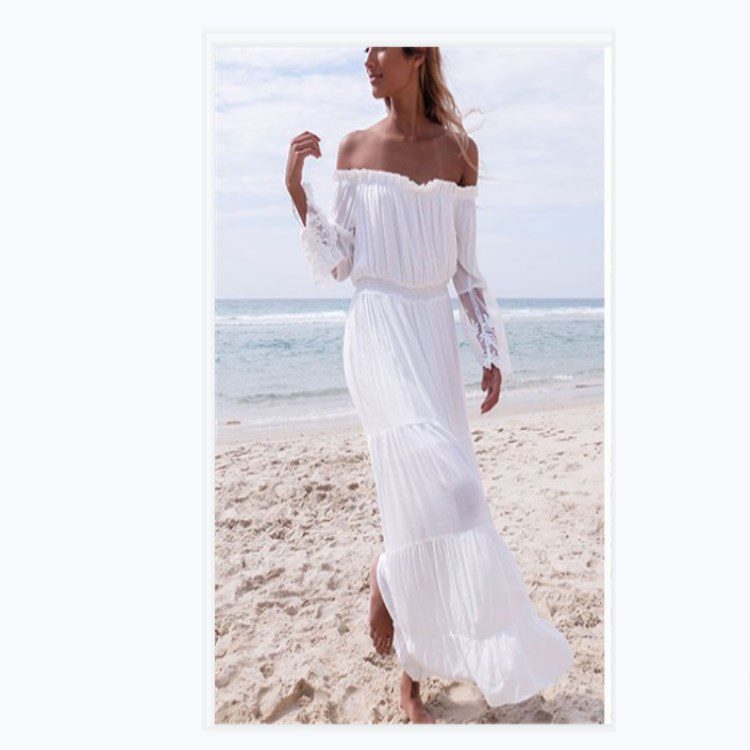Lace Patchwork Cold-Shoulder Bohemian White Beach Dress - Bohemian White Beach Dress - Uniqistic.com