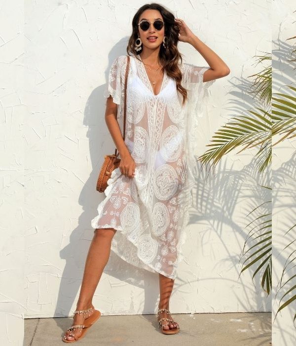 Cover Up Water Soluble Lace Maxi Bohemian White Beach Dress in Bohemian White Beach Dress