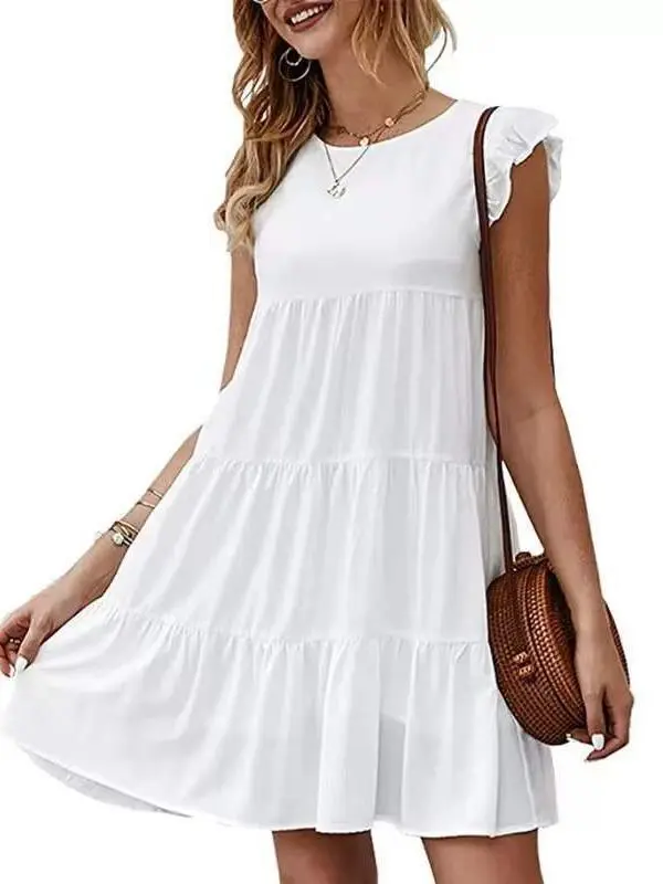 Solid Color round Neck Short Sleeves Tiered Dress - Dresses - Uniqistic.com