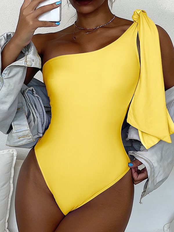 Sexy Solid Color Tied Tight Slimming Conservative One Piece One Shoulder Swimsuit - One Shoulder Swimsuit - Uniqistic.com