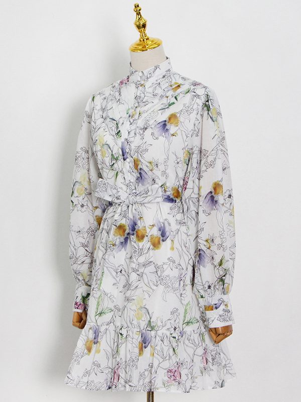 Stand Collar Puff Sleeve Tie Dyed Printed Long Sleeve Tiered Dress - Dresses - Uniqistic.com