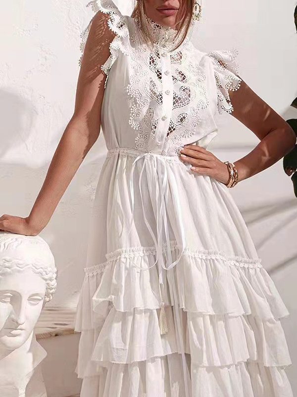 Ruffled Stitching Flying Sleeves Waist Personalized Tiered Dress - Dresses - Uniqistic.com