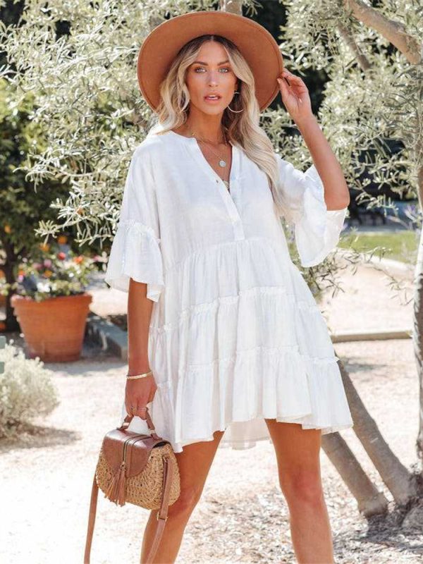 Rayon Layer Button Beach Cover-up Sexy Loose Seaside Sun Protection Bohemian White Beach Dress - Bohemian White Beach Dress - Uniqistic.com