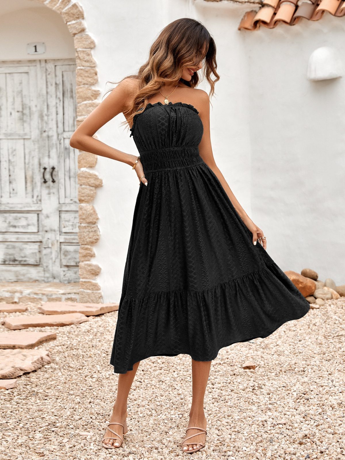 Casual Solid Color Chest Cover Waist Tiered Dress - Dresses - Uniqistic.com