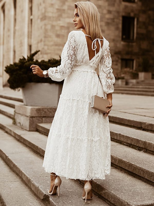 Lace Long Sleeved White Simple Tiered Dress - Dresses - Uniqistic.com