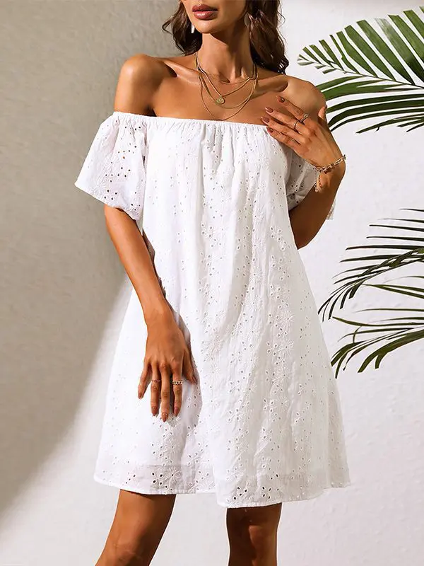 Summer off Shoulder Bell Sleeve Korean Short Bohemian White Beach Dress - Bohemian White Beach Dress - Uniqistic.com