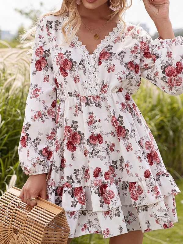 Floral Printed Lace V neck Long Sleeve Tiered Dress - Dresses - Uniqistic.com