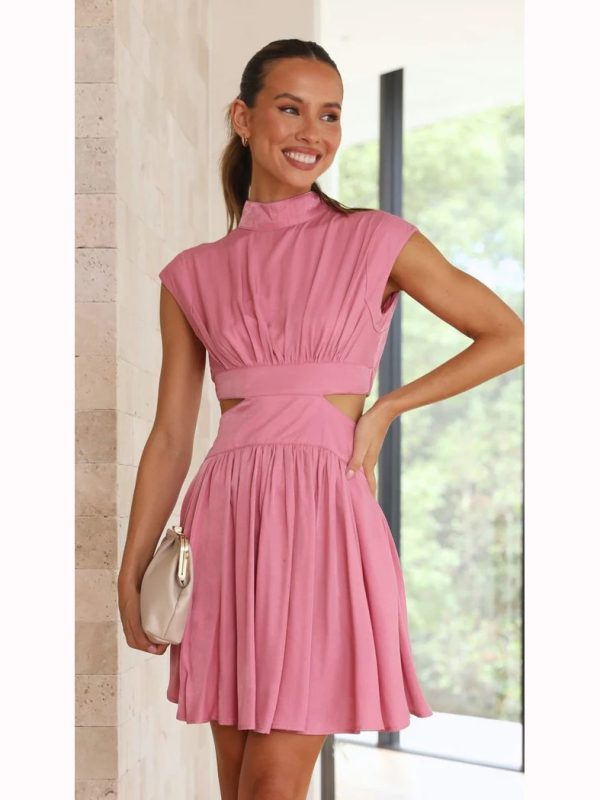 Solid Color Sweet Summer Tight Waist Stand Collar Cropped Outfit Short Dress - Dresses - Uniqistic.com