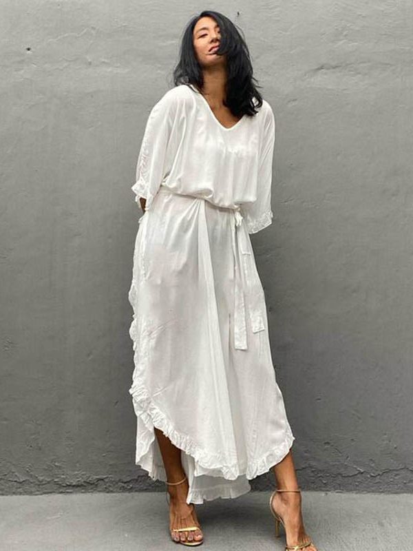 Loose Robe Seaside Vacation Cover Up Bohemian White Beach Dress in Bohemian White Beach Dress