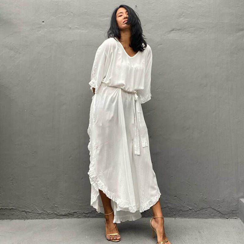 Loose Robe Seaside Vacation Cover Up Bohemian White Beach Dress - Bohemian White Beach Dress - Uniqistic.com