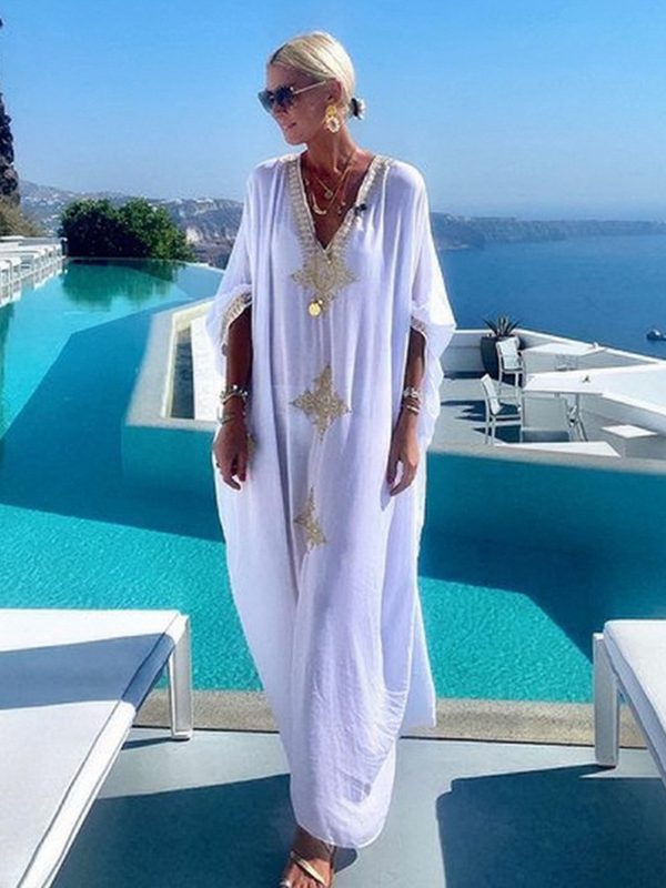 Embroidery Robe Long Skirt Cover Up Bohemian White Beach Dress - Bohemian White Beach Dress - Uniqistic.com