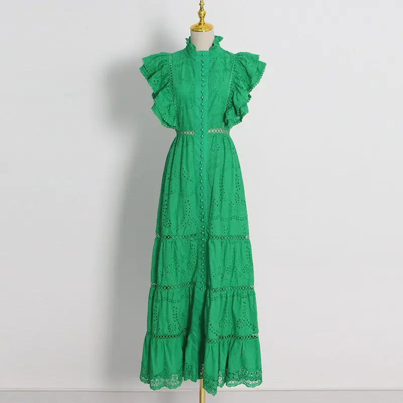 Solid Color High Collar Sleeveless Hollow Out Cutout Embroidered Tiered Dress - Dresses - Uniqistic.com
