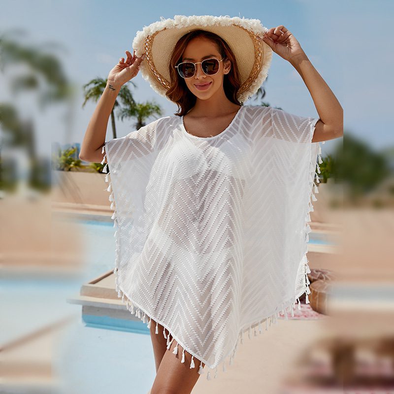 Sun Protective Solid Color Pullover See through Tassel Half Sleeve Bohemian White Beach Dress - Bohemian White Beach Dress - Uniqistic.com