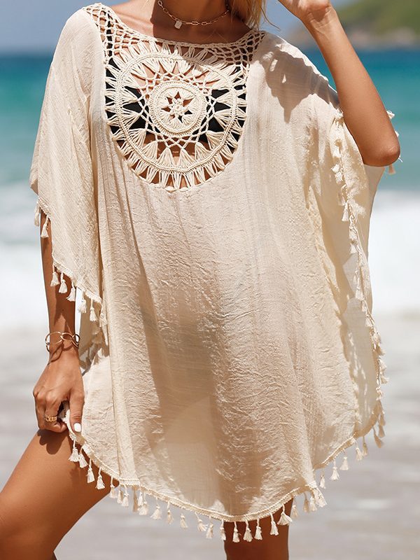 Vacation Hand Crocheting Solid Color Stitching Bohemian White Beach Dress - Bohemian White Beach Dress - Uniqistic.com