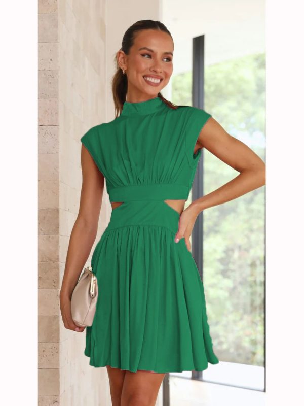 Solid Color Sweet Summer Tight Waist Stand Collar Cropped Outfit Short Dress - Dresses - Uniqistic.com