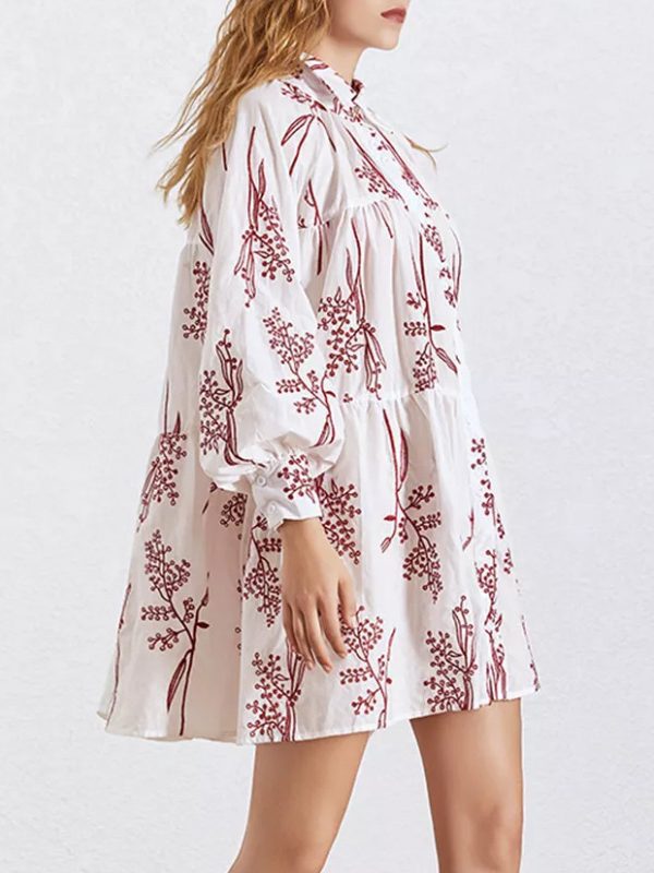Sweet Collared Single Breasted Floral Embroidered Blouse Short Tiered Dress - Dresses - Uniqistic.com