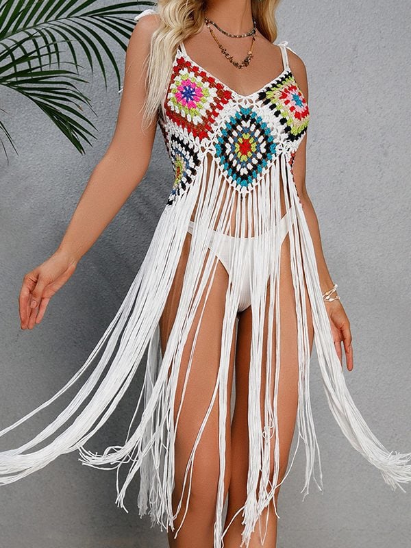 Sexy Hand Crocheting Tassel Mid Length Bohemian White Beach Dress - Bohemian White Beach Dress - Uniqistic.com