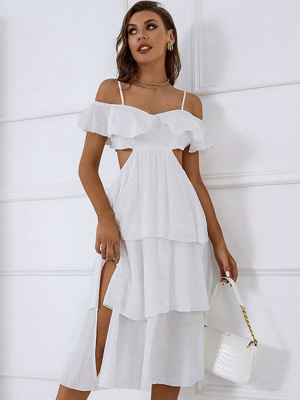 Solid Color Strap Backless Cropped Outfit Sexy High Waist Tiered Dress - Dresses - Uniqistic.com
