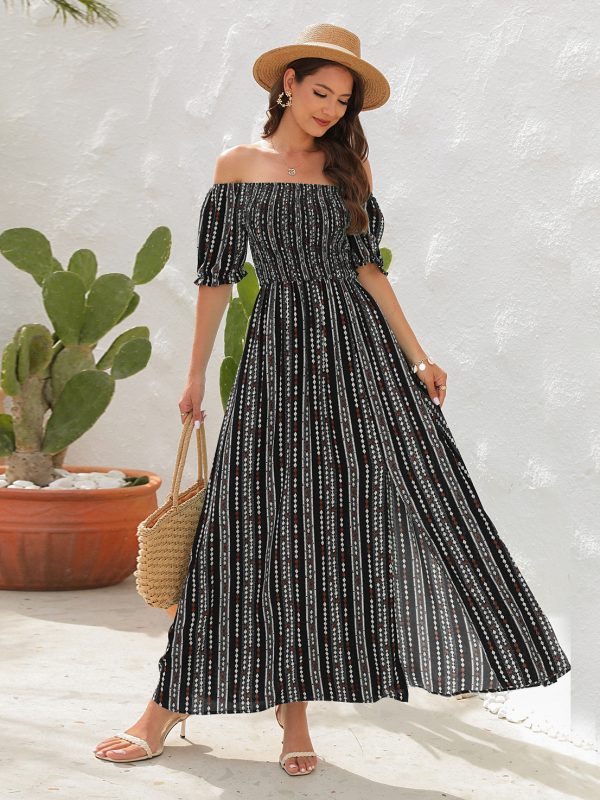 Vertical Stripes Floral Print Slit Waist Dress - Dresses - Uniqistic.com