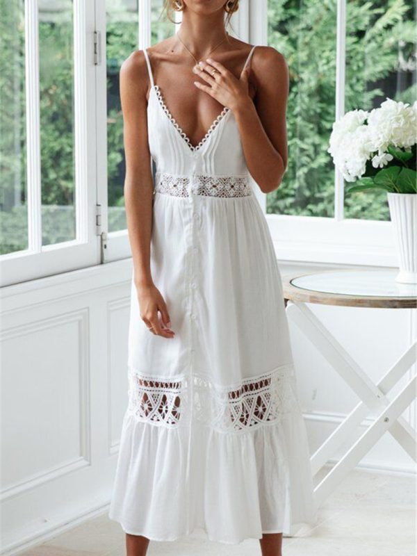 Rayon Stitching Lace Beach Cover-up Sexy Strap Bohemian White Beach Dress - Bohemian White Beach Dress - Uniqistic.com