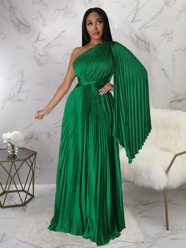One Shoulder Pleated  Diagonal Collar Tight Waist Artificial Silk Dress in Green Formal Dress