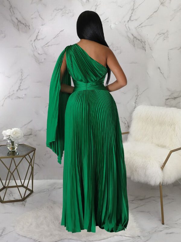 One Shoulder Pleated  Diagonal Collar Tight Waist Artificial Silk Dress in Green Formal Dress