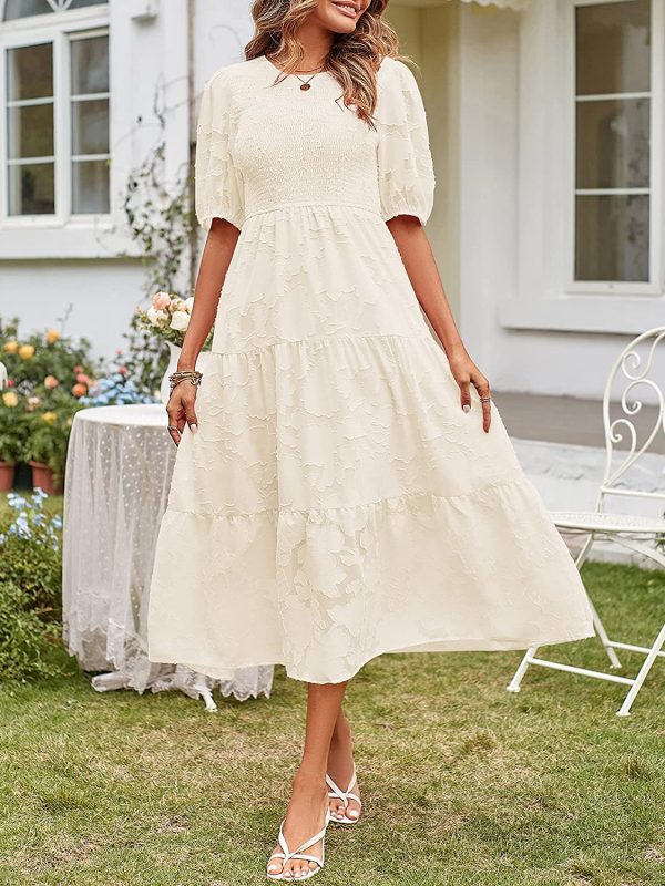 Round Neck Pleated Puff Sleeve Layered Floral Dress in Dresses