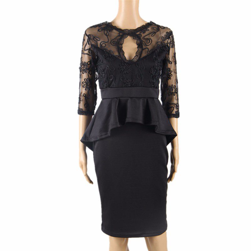 Elegant Black Half Sleeve Part See Through Peplum Dress | Uniqistic.com