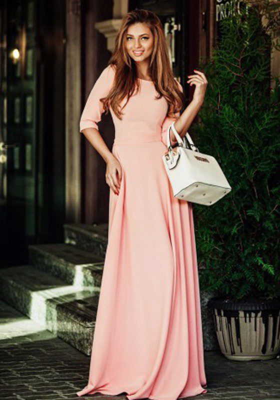 Coral Long Satin With Half Sleeves A-line Floor Length Bridesmaid Dress