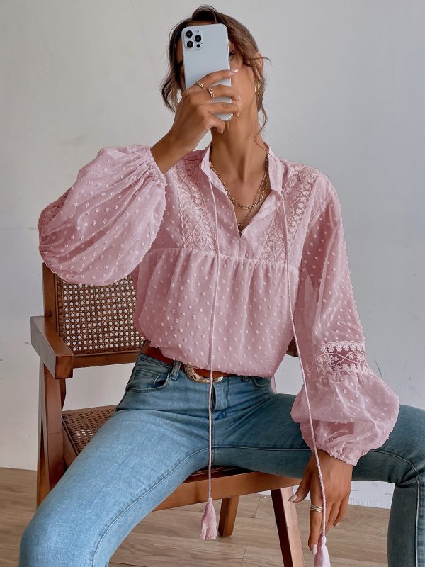 Polka Dot Chiffon Lace Stitching Loose Office Women Shirt in Blouses & Shirts