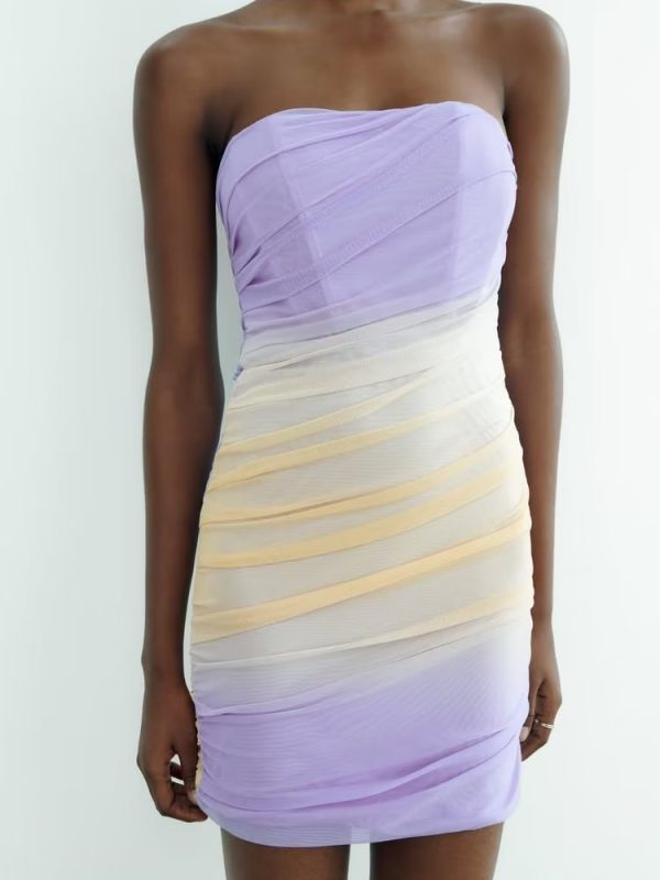 Strapless Straight Collar Silk Net Tube Top Short Dress - Dresses - Uniqistic.com