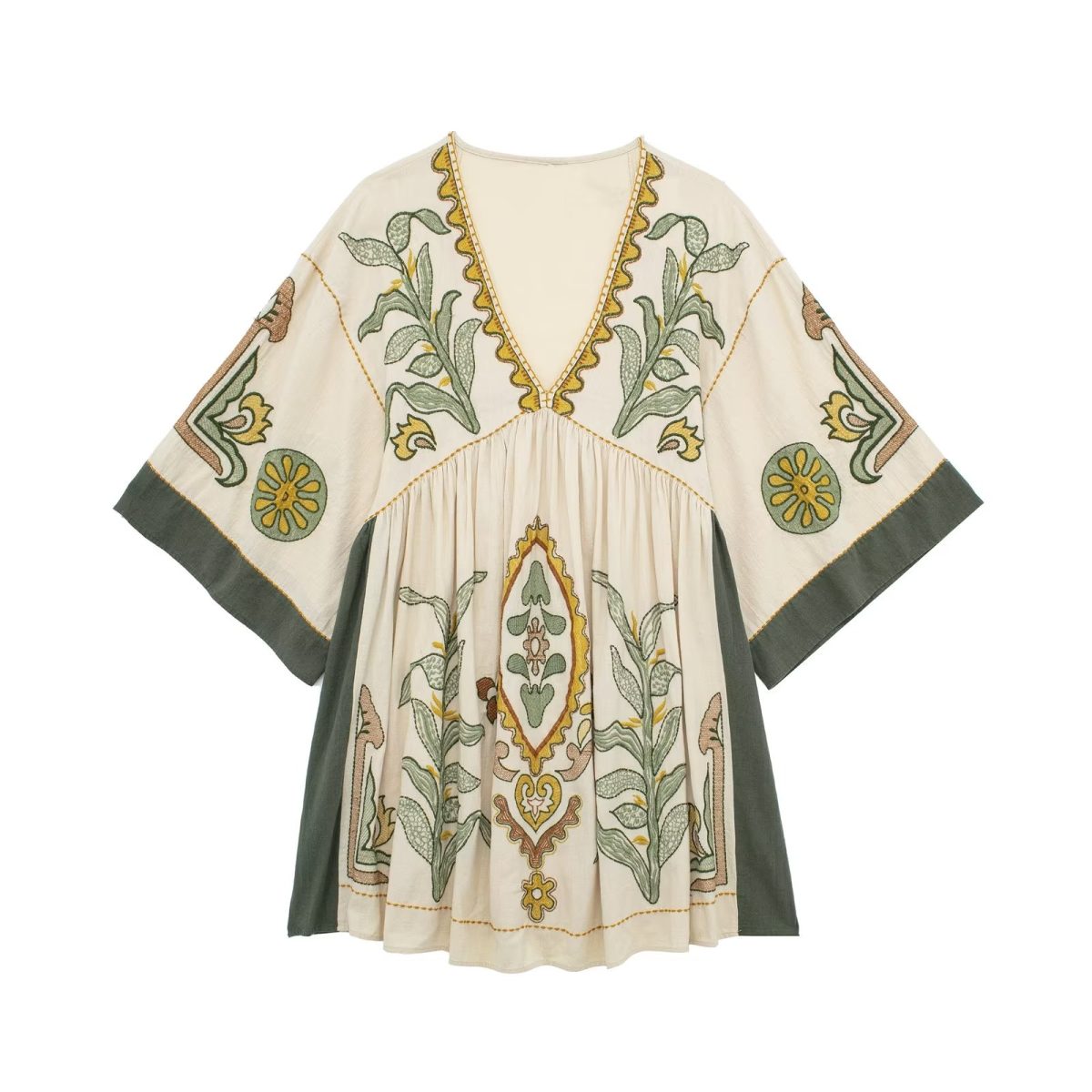 Retro Casual V neck Linen Embroidery Dress in Dresses