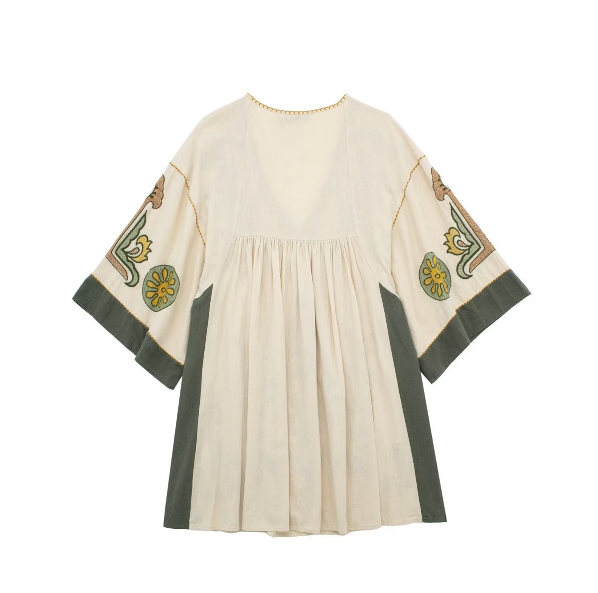 Retro Casual V neck Linen Embroidery Dress in Dresses
