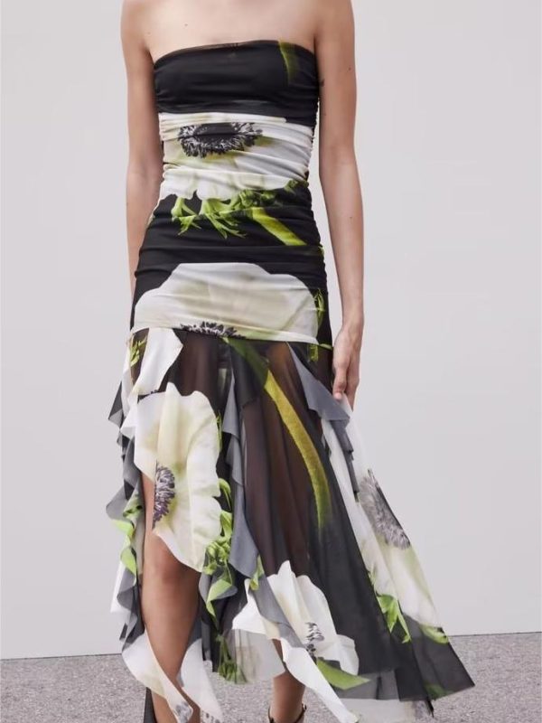 Printed Silk Net Tube Top Dress in Dresses