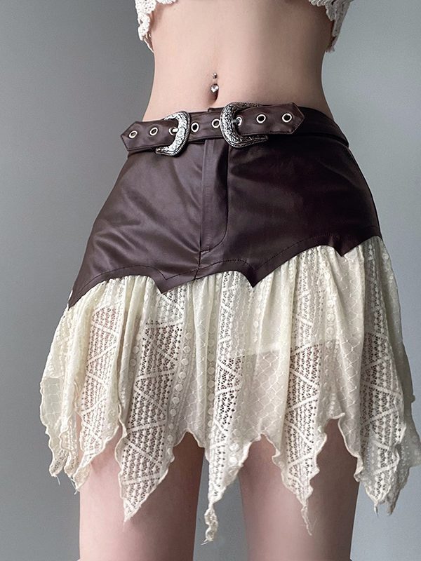 One Piece Leather Stitching Irregular Asymmetric Lace Skirt in Skirts