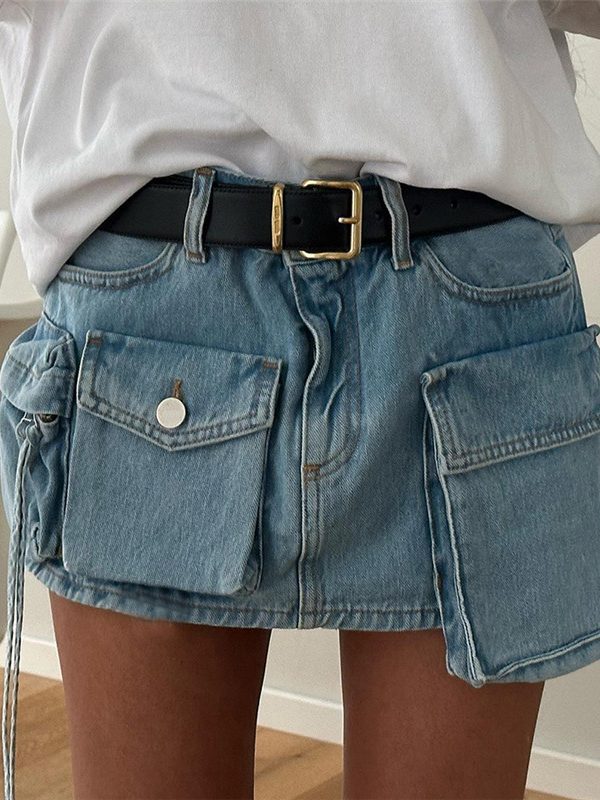 Three-Dimensional Laminated Pocket Decorative Sexy Sheath Mini Workwear Denim Skirt in Skirts