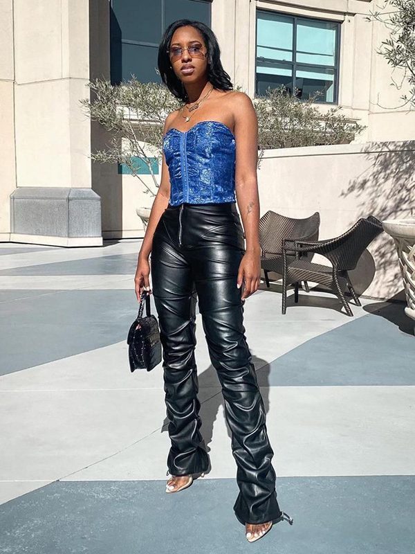 High Waist Sheath Street Shooting Casual Tappered Faux Leather Trousers in Pants