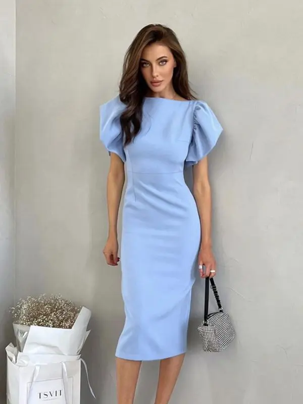 Office Blue Slim Looking Tight Waist Hip Women Slit Puff Sleeve Dress - Dresses - Uniqistic.com