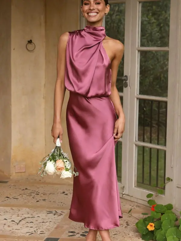 Sleeveless Halter Solid Color Satin Dress in Evening Dresses