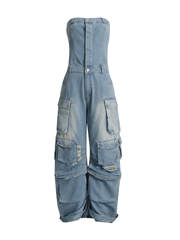 Multi Pocket Ripped Waist Slimming Sexy Tube Top Tooling Denim Jumpsuit in Jumpsuits & Rompers