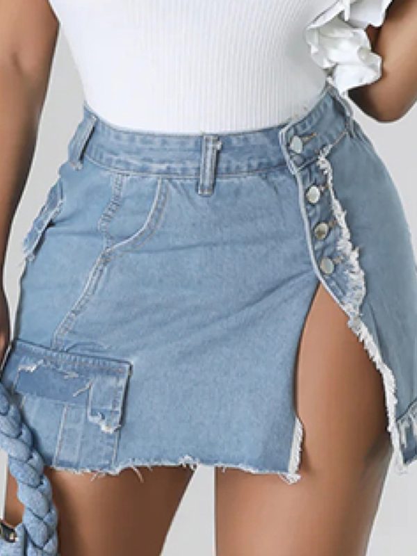 Ultra Short Denim Pocket Slit Tassel Skirt in Skirts