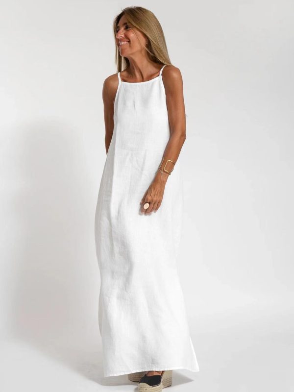 Cotton Linen Slit Sleeveless Loose Dress in Dresses