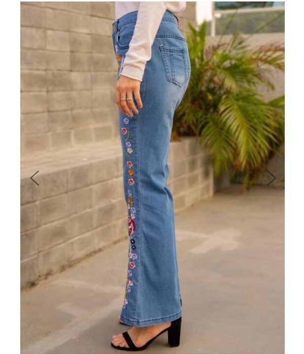 Embroidered Slim Fit Slimming Washed Bell-Bottom Jeans in Pants
