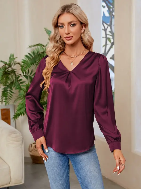 Satin Pleated Long Sleeved Top V Neck Casual Loose Work Office Blouse - Blouses & Shirts - Uniqistic.com