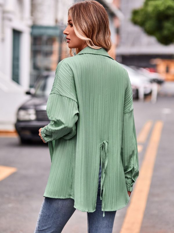 Casual Double Line Jacquard Loose Fitting Long Sleeve Solid Color Shirt - Blouses & Shirts - Uniqistic.com