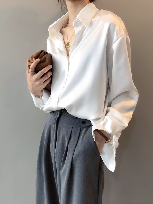 Korean Solid Color Elegant Loose Slimming Long Sleeve Collared Shirt in Blouses & Shirts